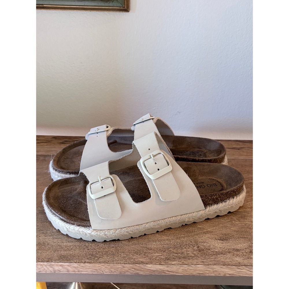 Bio Green Spain Ivory White Leather Double Strap‎ Buckle Slide Sandals 39 | 8